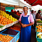 **A vibrant, colorful stall at a bustling farmer's market in the Middle East, overflowing with fresh, seasonal produce. The vendor, wearing a friendly smile, interacts with customers, showcasing locally grown fruits and vegetables.** (This prompt focuses on the visual vibrancy, local setting, and the importance of customer interaction).