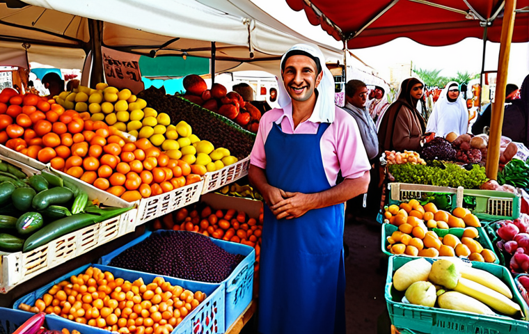 **A vibrant, colorful stall at a bustling farmer's market in the Middle East, overflowing with fresh, seasonal produce. The vendor, wearing a friendly smile, interacts with customers, showcasing locally grown fruits and vegetables.** (This prompt focuses on the visual vibrancy, local setting, and the importance of customer interaction).